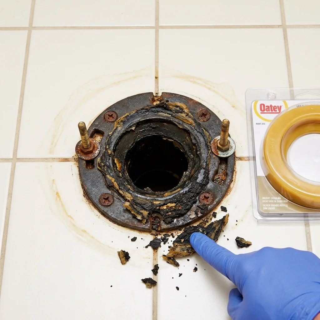 Failed wax ring showing water seepage at the base of a toilet in a Saint Marys, KS home