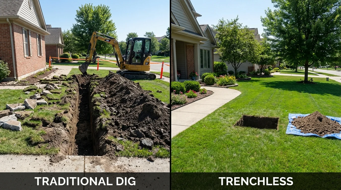Trenchless sewer repair with minimal yard damage versus traditional excavation in Saint Marys, KS