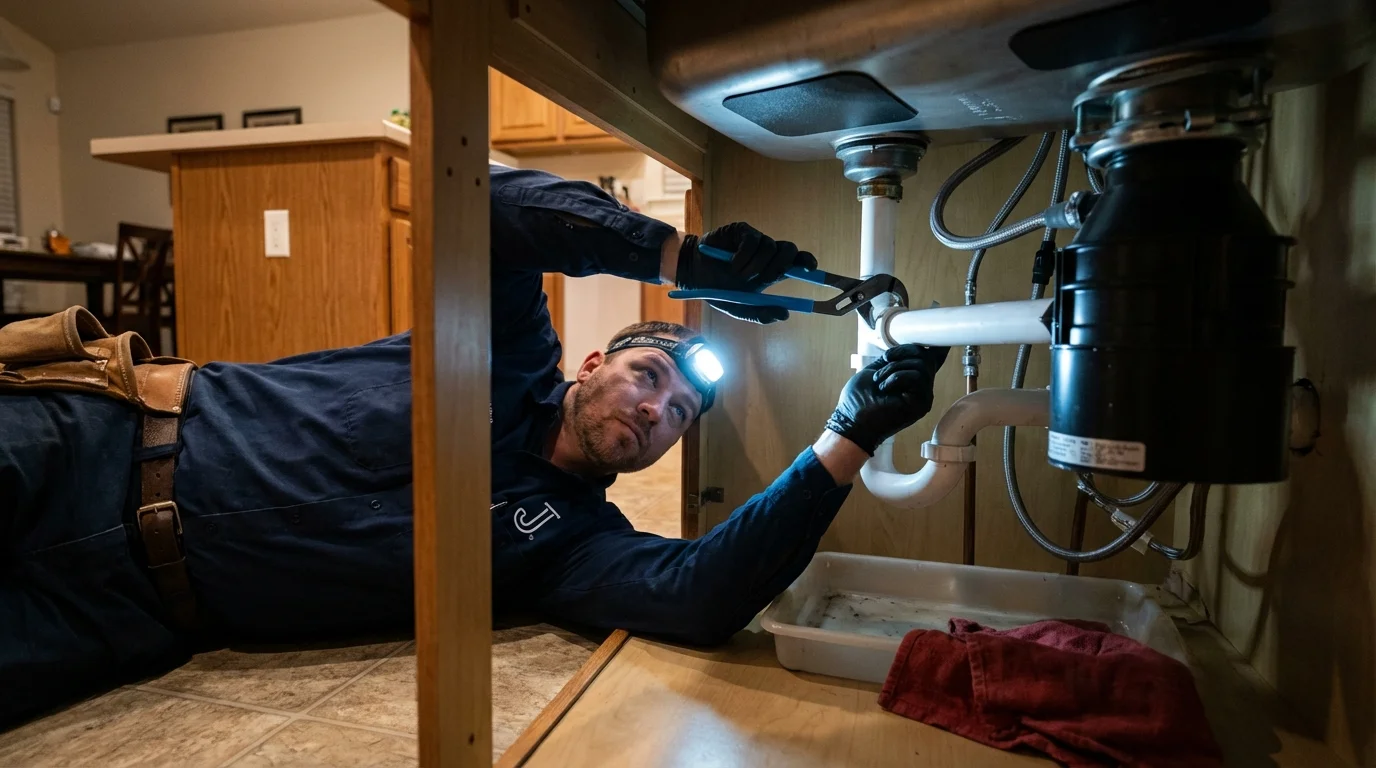 P-trap and supply line connections under a kitchen sink showing a common leak point in Saint Marys, KS
